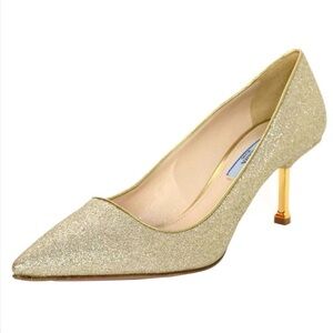 Prada Gold Glitter Pointed-Toe Kitten Heel Pump